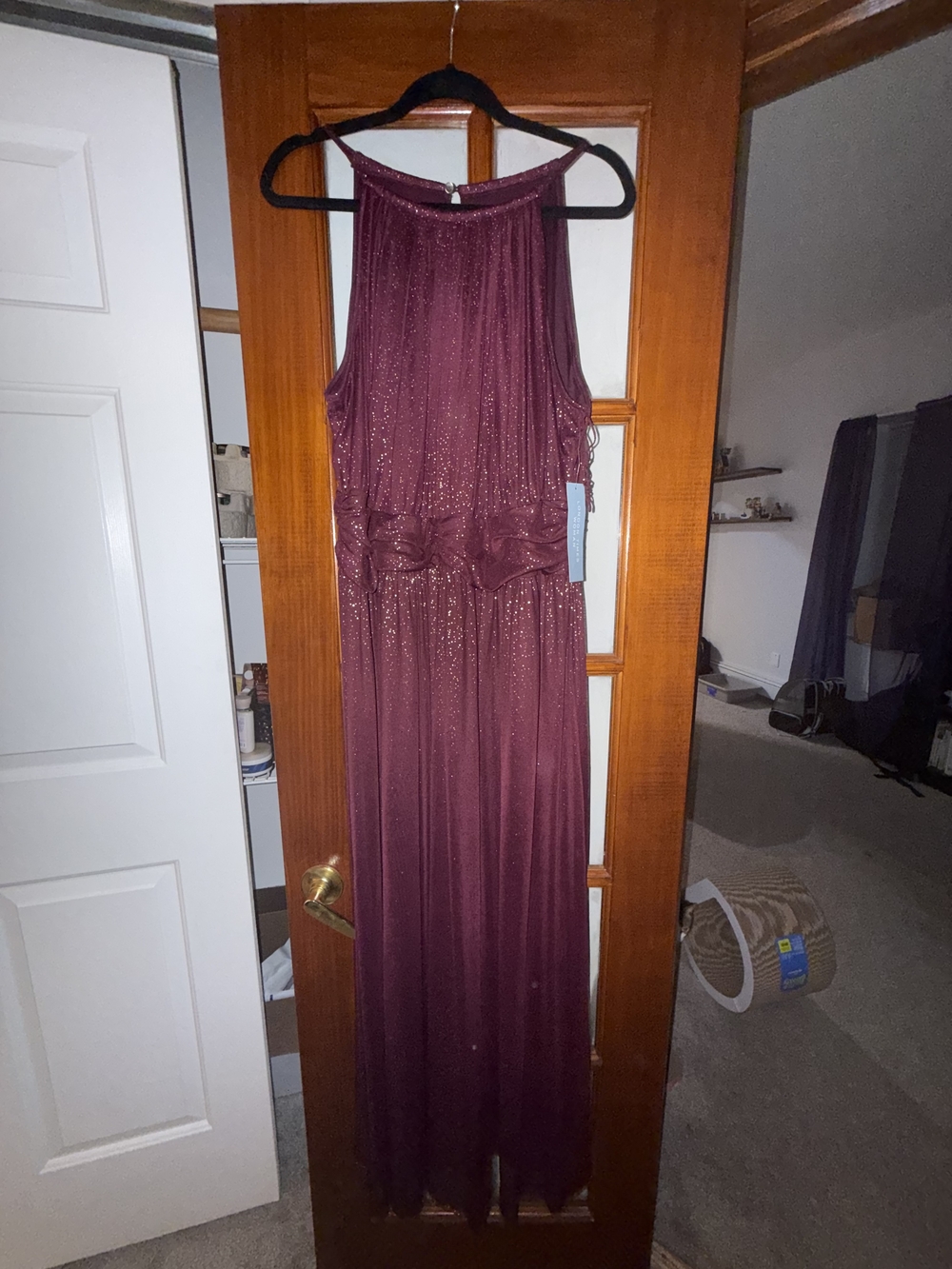 London Times Sparkle Halter Maxi Dress - Burgundy
